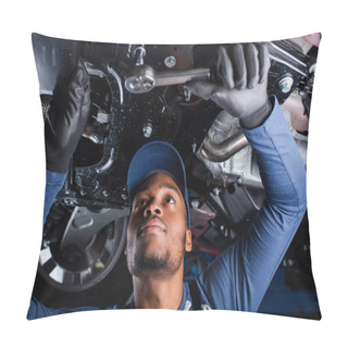 Personality  Young African American Mechanic Working With Tool Under Car In Garage  Pillow Covers