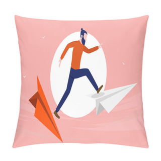 Personality  Taking Risks In Life - Casual Man Jumping From Old Life To New Opportunities, Going Forward Concept. Vector Illustration Pillow Covers