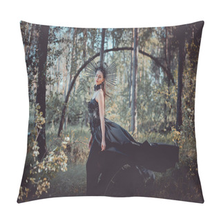 Personality  Beautiful Woman In Witch Costume Standing On Forest Background Pillow Covers