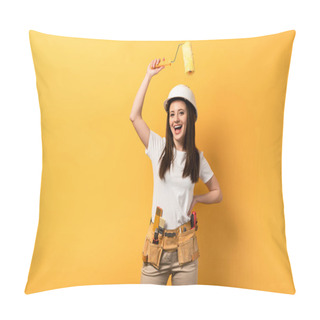 Personality  Smiling Handywoman With Hand On Hip Holding Paint Roller On Yellow Background  Pillow Covers