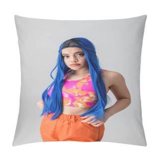 Personality  Female Model, Youthful Energy, Tattooed Young Woman With Blue Hair Posing In Colorful Clothes On Grey Background, Individualism, Modern Style, Urban Fashion, Vibrant Color, Fashion Forward  Pillow Covers
