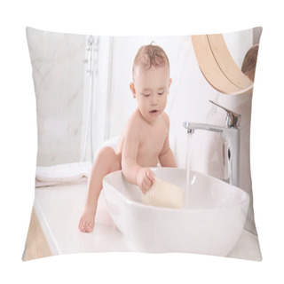 Personality  Cute Little Baby Playing In Bathroom At Home Pillow Covers