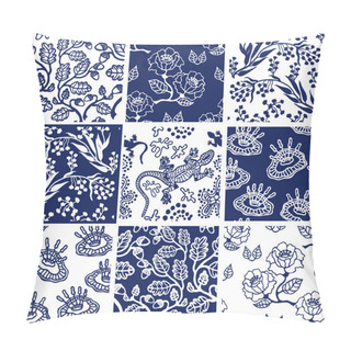 Personality  Porcelain Set With Oriental Motifs. Ceramic Tiles Collage With Floral Patterns. Pillow Covers