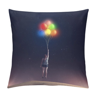 Personality  Young Girl Taking Off The Ground To Sky Holding Colorful Balloons. Pillow Covers