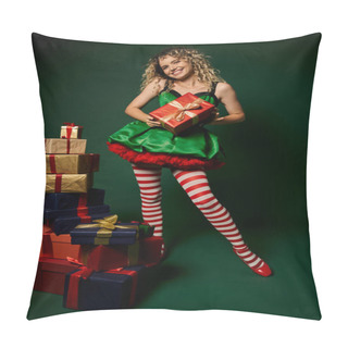 Personality  Pretty Curly Woman In Green Dress Posing With Presents On Green Backdrop, New Year Elf Concept Pillow Covers