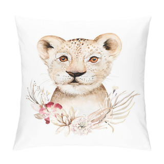 Personality  Africa Watercolor Savanna Lion, Animal Illustration. African Safari Wild Cat Cute Exotic Animals Face Portrait Character. Isolated On White Poster, Invitation Design Pillow Covers