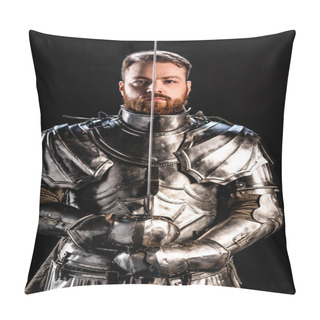 Personality  Handsome Knight In Armor Holding Sword Isolated On Black Pillow Covers