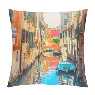 Personality  Venice Cityscape With Narrow Water Canal With Boats Moored Between Brick Walls Of Old Buildings And Stone Bridge, Veneto Region, Northern Italy. Typical Venetian View, Vertical View Pillow Covers