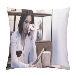 Personality  Upset Woman Holding Photo Frame And Wiping Tears With Paper Napkin At Home Pillow Covers