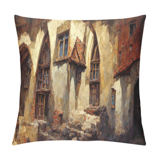 Personality  Illustration Of Ancient Architectural Building On A Medieval Street. Red Bricks And White Walls Historic Background Wallpaper. Digital Painting  Featuring A House As Canvas Art. Pillow Covers