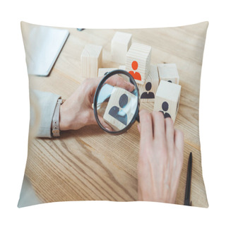 Personality  Cropped View Of Recruiter Holding Magnifier Near Wooden Cube  Pillow Covers