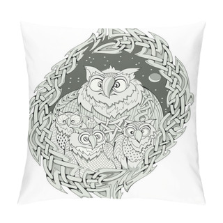 Personality  Illustration Of Fantastic Owls Family. Abstract Background With Ancient Legendary Nordic Decoration. Ethnic Ornament With Celtic Knot. Print For Fabric, Henna, Tattoo. Pillow Covers