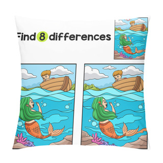 Personality  Find Or Spot The Differences On This Mermaid Talking To A Boy In The Boat Kids Activity Page. A Funny And Educational Puzzle-matching Game For Children. Pillow Covers