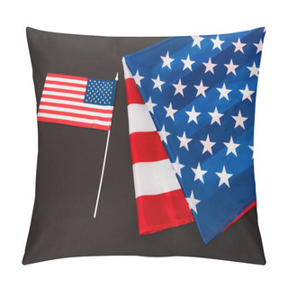 Personality  Small American Flag Near Fabric With Stars And Stripes Isolated On Black Pillow Covers