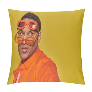 Personality  Fashionable Indian Man Trying On Different Trendy Sunglasses And Looking Away On Yellow Backdrop Pillow Covers