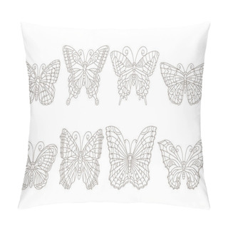 Personality  Set Of Contour Butterflies In Stained-glass Style, Dark Contours On A White Background, Coloring Book Pillow Covers