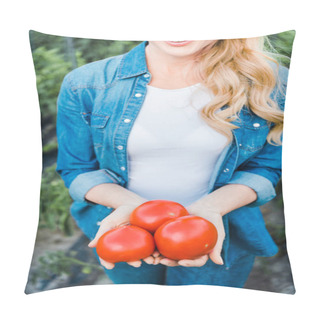 Personality  Cropped Image Of Smiling Farmer Holding Ripe Organic Tomatoes In Field At Farm Pillow Covers