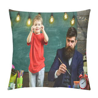 Personality  Child Cheerful And Teacher Painting, Drawing. Talented Artist Spend Time With Son. Teacher With Beard, Father Teaches Little Son To Draw In Classroom, Chalkboard On Background. Art Lesson Concept Pillow Covers