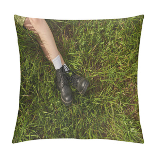 Personality  Top View Of Legs Of Stylish Woman In Boots Sitting And Relaxing On Meadow With Green Grass, Natural Landscape And Free-spirited Concept Pillow Covers