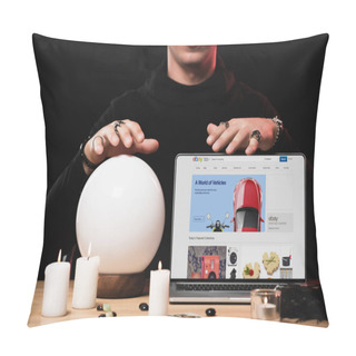 Personality  Cropped View Of Psychic Near Laptop With Ebay Website On Screen Isolated On Black  Pillow Covers