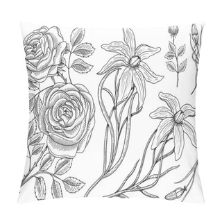 Personality  Flowers Set, Roses With Leaves And Buds And Lily. Wedding Botanical Garden Or Plant. Vector Illustration. Engraved Hand Drawn In Old Victorian Sketch. Pillow Covers