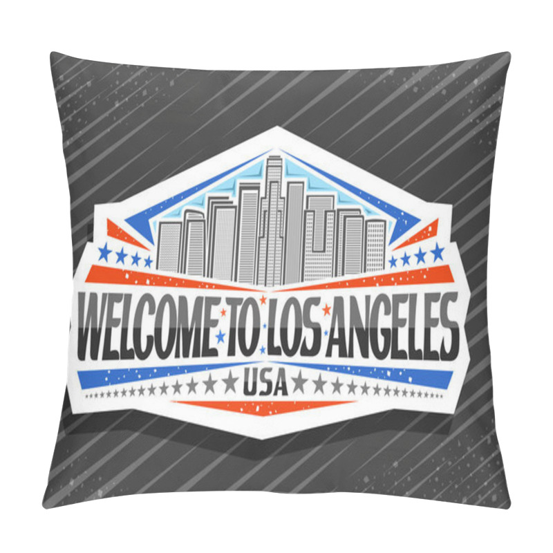 Personality  Vector logo for Los Angeles, white sign board with line illustration of modern LA cityscape on sky background, signboard with brush letters for black words welcome to los angeles and stars in a row. pillow covers