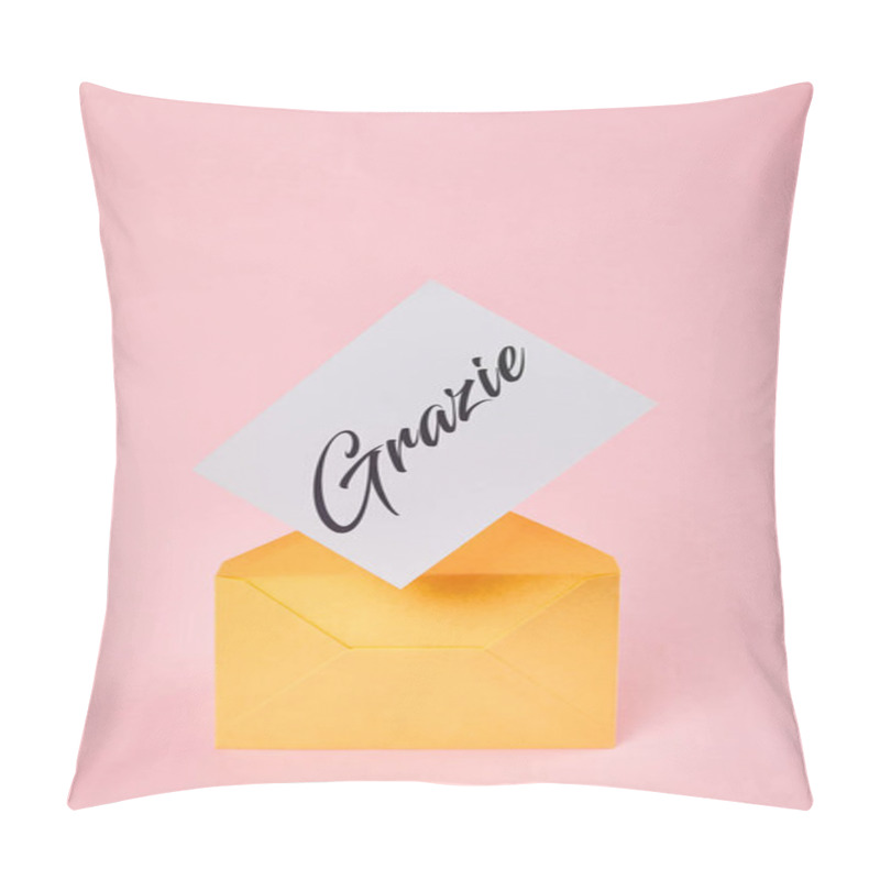 Personality  Yellow Envelope With Grazie Word On White Card On Pink Background Pillow Covers