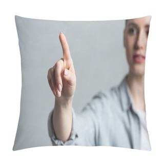 Personality  Selective Focus Of Woman Pointing With Finger Isolated On Grey Pillow Covers