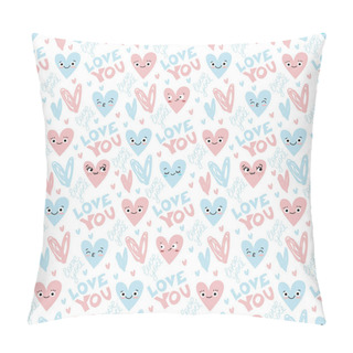 Personality  Vector Seamless Pattern With Pink And Blue Hearts And Love Text In Flat Doodle Style Isolated On White Background. Modern Vector Texture For Valentine's Day, Wedding, Romance. Pillow Covers