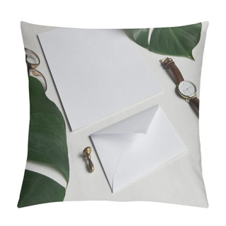 Personality  Business Mock Up Set With Envelope And Watch On White Marble Background With Monstera Leaves Pillow Covers