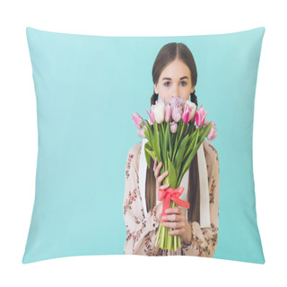 Personality  Teen Girl In Trendy Summer Dress Holding Tulips, Isolated On Blue Pillow Covers