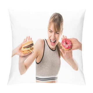Personality  Young Slim Woman Refusing Of Junk Food Isolated On White Pillow Covers
