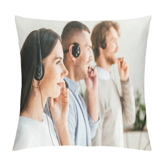 Personality  Side View Of Happy Broker Touching Headset Near Coworkers In Office  Pillow Covers