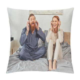 Personality  Day Off Without Kids, Enjoyment, Shared Music, Redhead Husband And Wife, Happy Couple In Wireless Headphones, Bearded Man And Carefree Woman, Tattooed Music Lovers, Weekends Relaxation  Pillow Covers