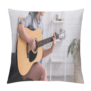 Personality  Partial View Of Mature Woman With Grey Hair Playing Acoustic Guitar While Sitting In Living Room, Banner Pillow Covers