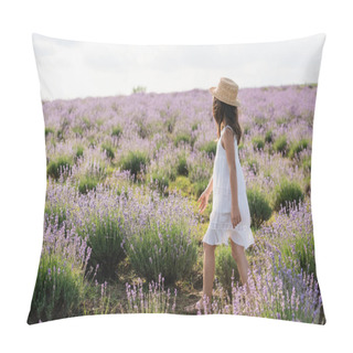 Personality  Brunette Girl In Sun Hat And Summer Dress Walking In Field With Blooming Lavender Pillow Covers