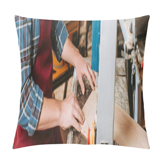 Personality  Panoramic Shot Of Woodworker Using Cnc Machine  Pillow Covers