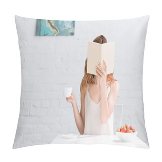 Personality  Woman With Cup Of Coffee And Bowl Of Strawberries Covering Face With Book At Home Pillow Covers