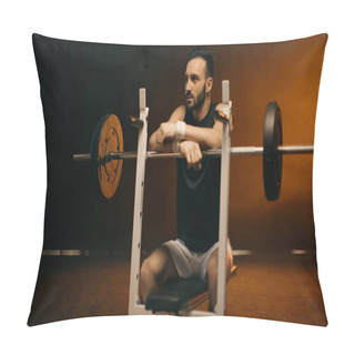 Personality  Bearded Sportsman Sitting On Flat Bench Near Barbell On Dark Background Pillow Covers