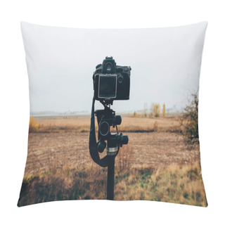 Personality  Selective Focus Of Digital Camera On Tripod In Grassy Field Pillow Covers