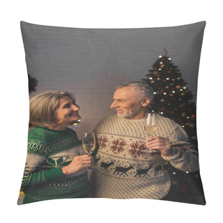 Personality  Happy Middle Aged Couple In Festive Sweaters Holding Glasses Of Champagne Near Christmas Tree Pillow Covers