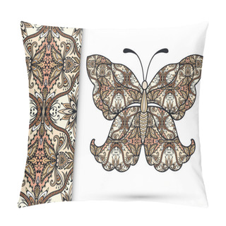 Personality  Vector Seamless Vertical Pattern With Decorative Ornate Butterfly, Hand Drawn Texture For Invitation Or Card Design Pillow Covers