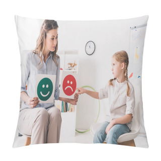 Personality  Adult Psychologist Showing Happy And Sad Emotion Faces Cards To Child Pillow Covers