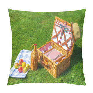 Personality  Weekend Picnic Straw Basket On Green Sunny Lawn In The Park Pillow Covers