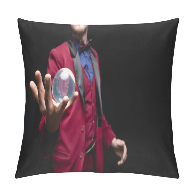 Personality  Illusionist Magician Shows Levitation Trick With Ball In Hands On Black Background Pillow Covers