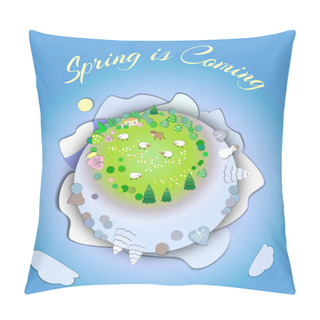 Personality  The Beginning Of Spring.Concept Change Of Seasons.Globe Concept Showing A Peaceful And Idyllic Lifestyle.Paper Cut Style. Pillow Covers