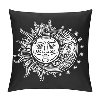 Personality  Illustration Sun Moon Star Human Faces Retro Vintage Vector Folklore Pillow Covers