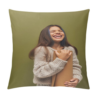 Personality  Cheerful And Stylish Preteen Girl In Modern Knitted Sweater And Autumn Outfit Holding Rolled Paper And Laughing While Standing Isolated On Green, Girl Radiating Autumn Vibes Concept Pillow Covers