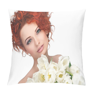 Personality  Beautiful Young Redheaded Girl With White Tulips, Isolated On A White Background Pillow Covers