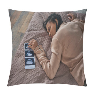 Personality  Top View Of Worried African American Woman Lying On Bed Near Ultrasound, Unborn Baby, Abortion Pillow Covers